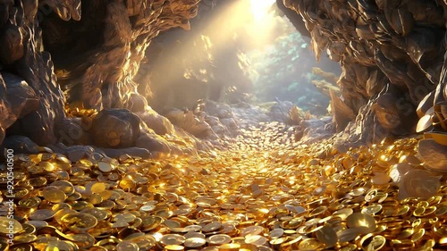 Dragon guarding gold treasure in a mystical cave.