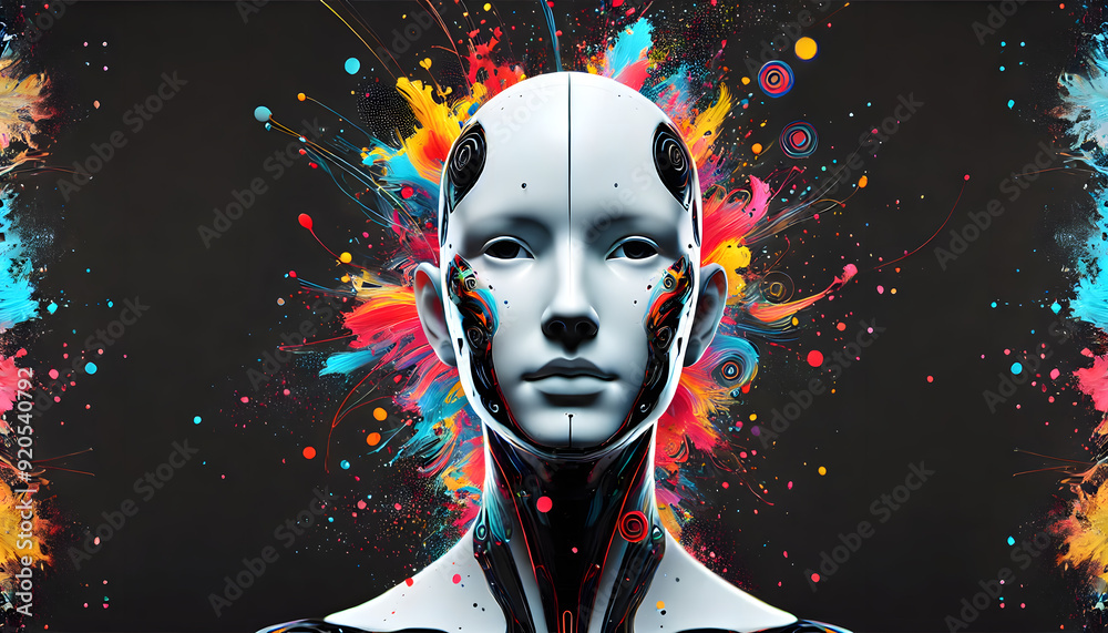 the digital artwork featuring a humanoid boy robot's face with abstract paint splashes emanating from it. the digital artwork featuring a humanoid boy robot's face with abstract paint splashes emanating from it.