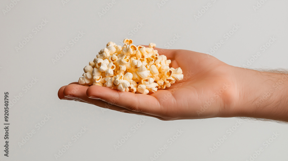 Fototapeta premium A hand holding a generous portion of popcorn. The popcorn appears fresh, with a light golden hue and some unpopped kernels. The hand is depicted from the wrist up, with visible fingers