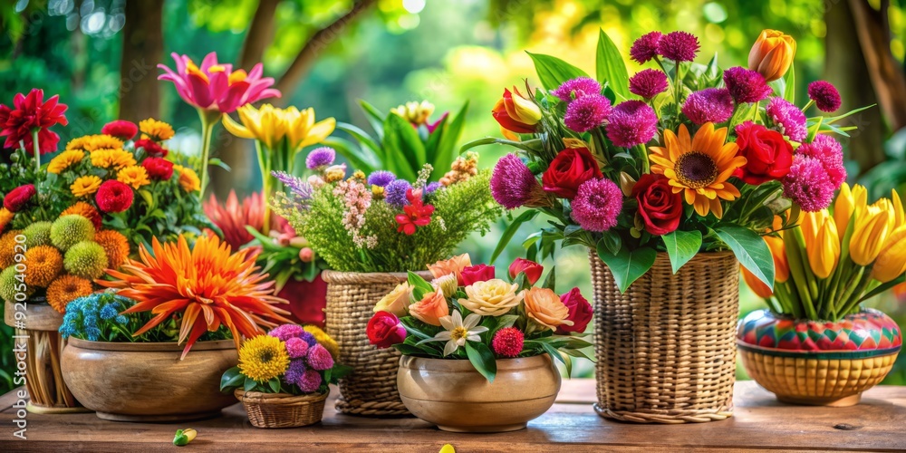 Vibrant colorful bouquets of exotic flowers arranged in decorative vases and baskets set against natural backgrounds with lush greenery and soft focus effects. Vibrant colorful bouquets of exotic flowers arranged in decorative vases and baskets set against natural backgrounds with lush greenery and soft focus effects.