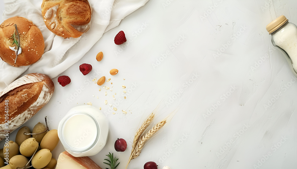 Jewish holiday Shavuot concept with dairy products, fruits, cheese, bread, milk bottle on white table. Flat lay, top view Jewish holiday Shavuot concept with dairy products, fruits, cheese, bread, milk bottle on white table. Flat lay, top view