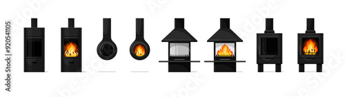 Wood stoves with fire, black iron fireplaces, empty and with burning wood, free standing modern home heaters with chimneys and glass windows. Set of vector flat cartoon illustrations