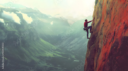 A rock climber scaling a steep cliff, with the climber’s full body and climbing gear in view against the backdrop of a vast valley or mountain range.