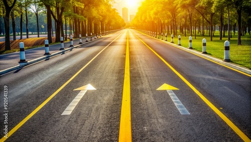 Empty road with yellow line divider, arrows, and distance markers, conveying a sense of excitement and competition in a major marathon event.