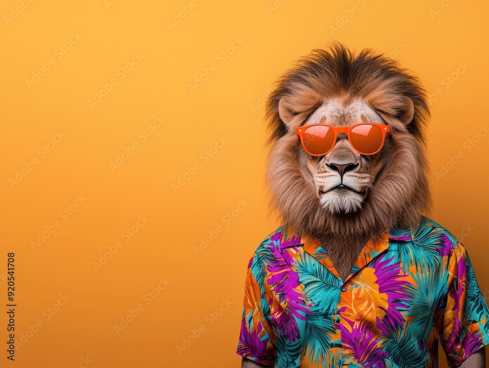 Obraz premium A fun lion character wearing sunglasses and a vibrant shirt against a bright orange background. Perfect for playful designs.