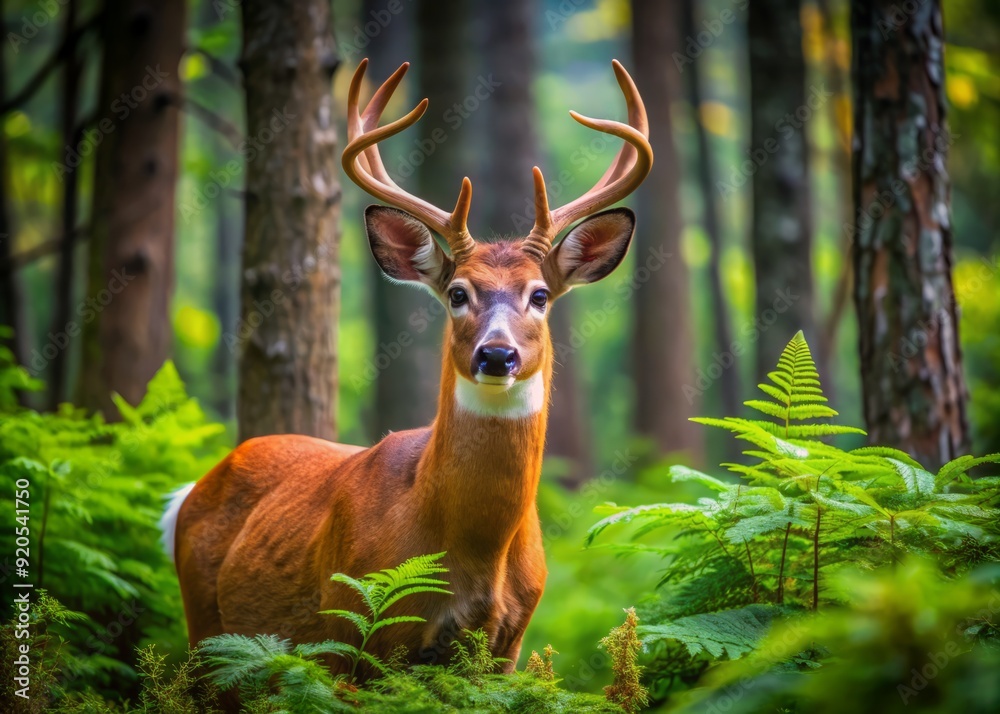 Majestic white-tailed deer with gentle eyes and rust-colored fur grazes peacefully in a serene forest surrounded by tall trees and vibrant green foliage. Majestic white-tailed deer with gentle eyes and rust-colored fur grazes peacefully in a serene forest surrounded by tall trees and vibrant green foliage.