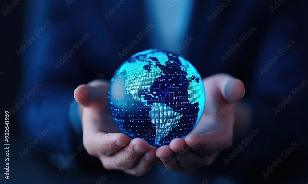 A person holds a glowing digital globe representing global connectivity and technology in a modern, abstract style. A person holds a glowing digital globe representing global connectivity and technology in a modern, abstract style.