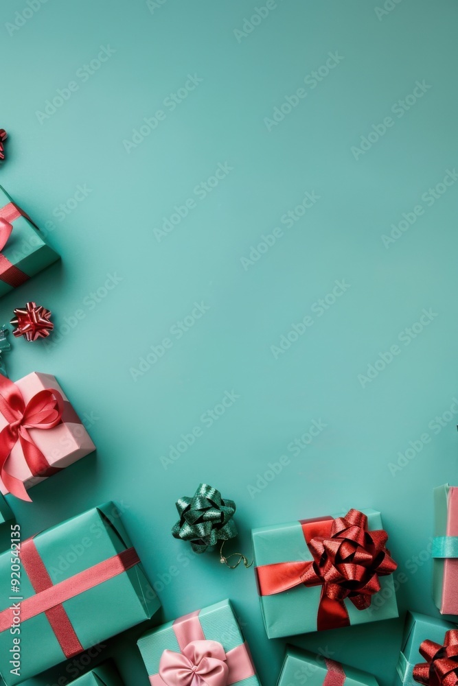 Colorful wrapped gifts with ribbons on teal background. Celebration or holiday event. Christmas, New Year, birthday. Colorful wrapped gifts with ribbons on teal background. Celebration or holiday event. Christmas, New Year, birthday.