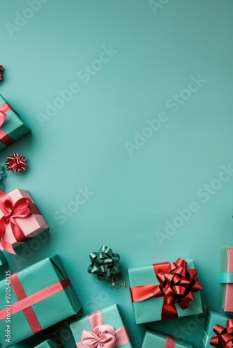 Colorful wrapped gifts with ribbons on teal background. Celebration or holiday event. Christmas, New Year, birthday.