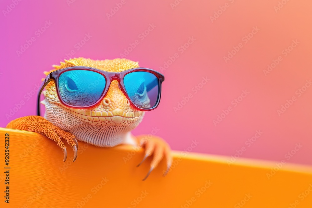 A stylish lizard wearing cool sunglasses against a colorful background, exuding charm and character. A stylish lizard wearing cool sunglasses against a colorful background, exuding charm and character.
