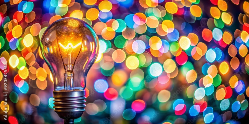Vibrant single light bulb shines brightly against a kaleidoscope of colorful bokeh lights, evoking a festive and joyful atmosphere perfect for celebrations and party themes. Vibrant single light bulb shines brightly against a kaleidoscope of colorful bokeh lights, evoking a festive and joyful atmosphere perfect for celebrations and party themes.