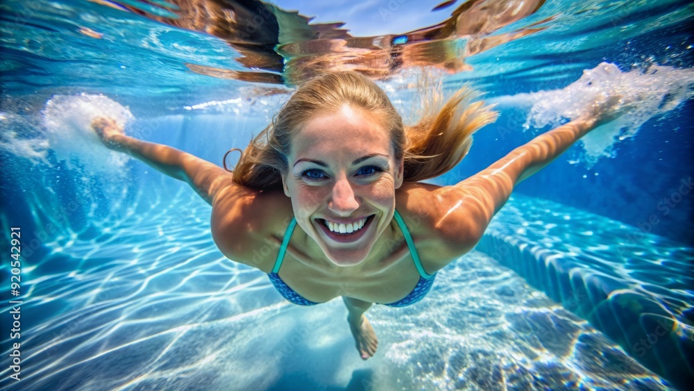 Fototapeta premium Beautiful female swimmer swimming underwater with a smile on her face, enjoying water and having fun. Generative AI