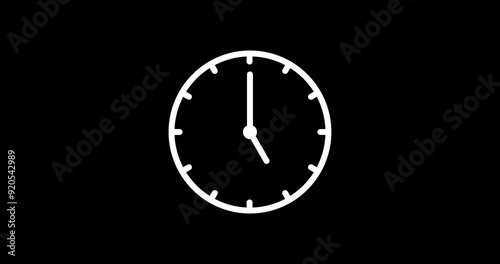 White clock on black background animation day time. Footage. Transparent background. Alpha channel.