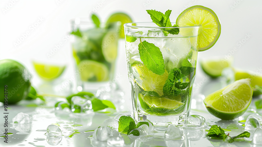 lime mojito in a glass, filled with fresh lime slices, mint leaves, and ice cubes, placed on a clean white background lime mojito in a glass, filled with fresh lime slices, mint leaves, and ice cubes, placed on a clean white background