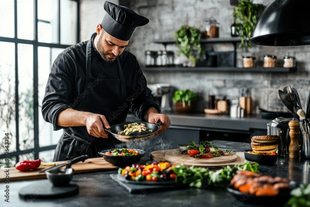 A chef dressed in black prepares a gourmet meal with fresh ingredients in a modern, stylish kitchen with industrial design elements and ample natural light. A chef dressed in black prepares a gourmet meal with fresh ingredients in a modern, stylish kitchen with industrial design elements and ample natural light.