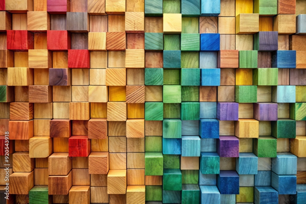 Vibrant abstract geometric rainbow colors cover 3D wooden square cubes texture wall background, perfect panoramic long textured wood wallpaper or paper note design element. Vibrant abstract geometric rainbow colors cover 3D wooden square cubes texture wall background, perfect panoramic long textured wood wallpaper or paper note design element.