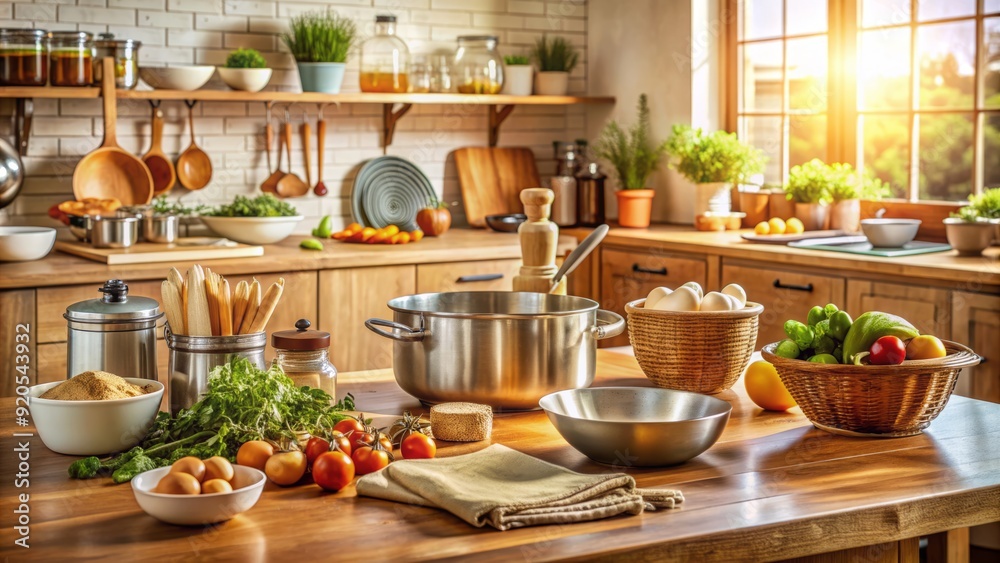 Warm and inviting kitchen scene with mixing bowls, utensils, and ingredients on a central island, evoking a sense of intergenerational connection and tradition-sharing. Warm and inviting kitchen scene with mixing bowls, utensils, and ingredients on a central island, evoking a sense of intergenerational connection and tradition-sharing.