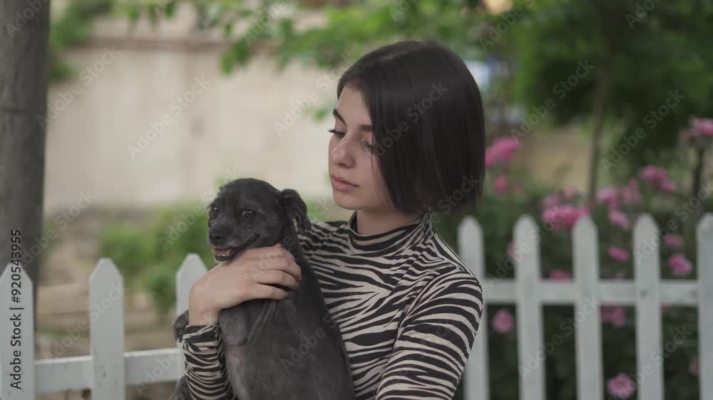 Tracking Shot of a Young Girl Hugging a Terrier Dog in a Beautiful Garden (Medium Close-Up) Tracking Shot of a Young Girl Hugging a Terrier Dog in a Beautiful Garden (Medium Close-Up)
