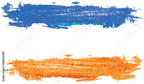 A smear of thick orange and blue paint on isolated background, gouache sample