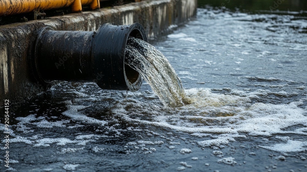 Dirty water pouring from the factory into the public water. Pollution of fresh water bodies, risk to the environment. Dirty water pouring from the factory into the public water. Pollution of fresh water bodies, risk to the environment.