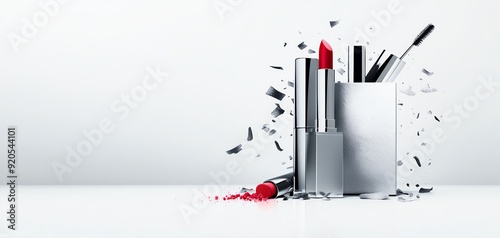 Create a stunning digital rendering of a metallic silver bag overflowing with vibrant cosmetics like a bold red lipstick and a shimmering pink blush photo