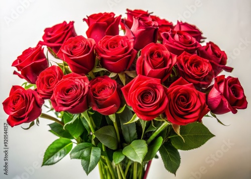 Vibrant bouquet of freshly picked long-stemmed red roses arranged elegantly against a soft, creamy white background, perfect for romantic HD 8K wallpaper.