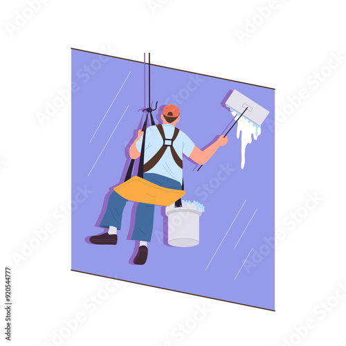 High-rise worker industrial alpinists cartoon character suspended on rope cleaning skyscraper window