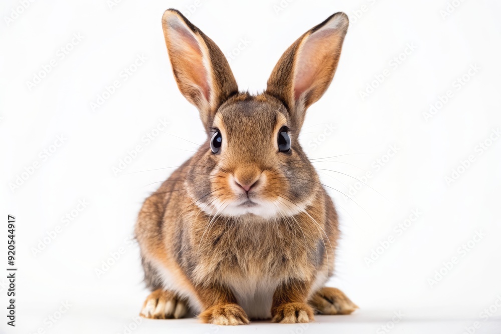 Adorable brown rabbit with bright curious eyes and twitching whiskers sits quietly on a pristine white floor, isolated on a transparent background.
