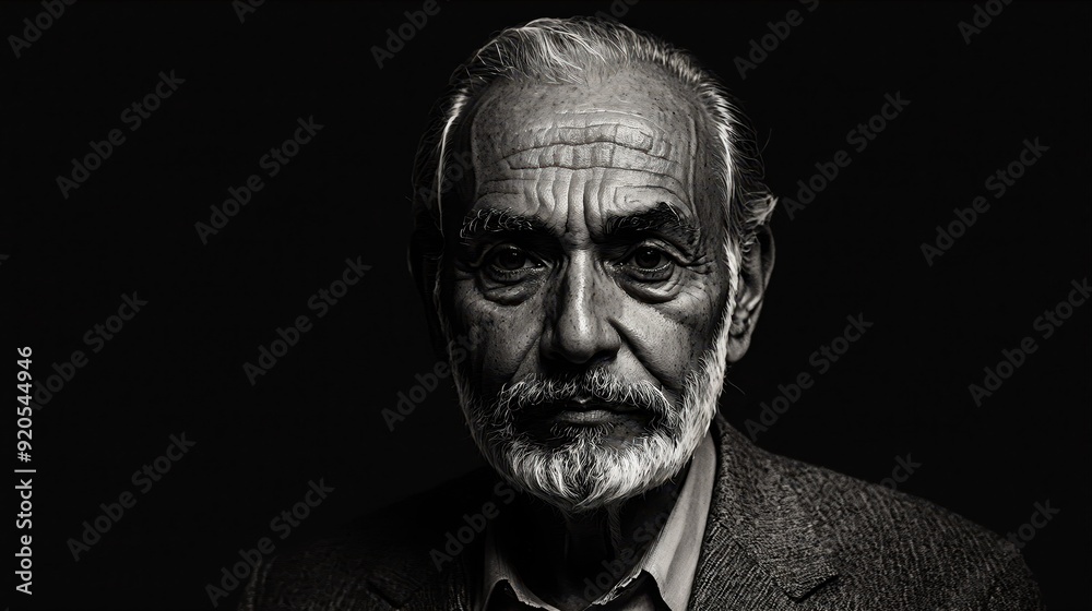 Generative AI, A dramatic black-and-white portrait of an elderly man with a solemn expression, emphasizing his wisdom and life experience through deep shadows and stark contrast. Generative AI, A dramatic black-and-white portrait of an elderly man with a solemn expression, emphasizing his wisdom and life experience through deep shadows and stark contrast.