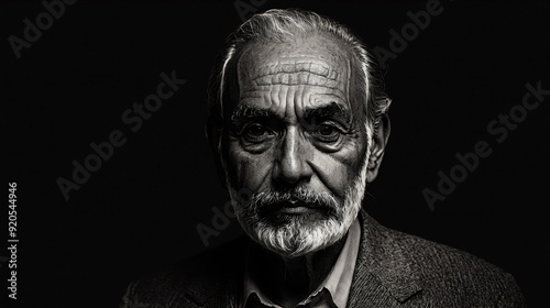 Generative AI, A dramatic black-and-white portrait of an elderly man with a solemn expression, emphasizing his wisdom and life experience through deep shadows and stark contrast.