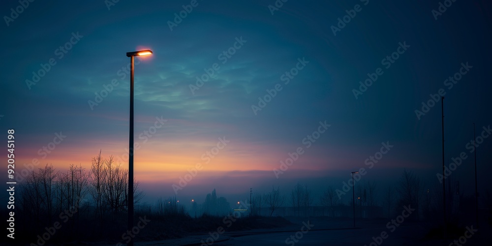 A dimly lit street scene at dusk with fog and a subtle glow in the sky. A dimly lit street scene at dusk with fog and a subtle glow in the sky.