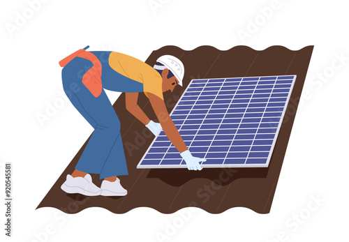 Engineer high-rise worker cartoon character installing solar panel for alternative energy on roof