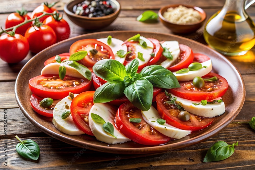Freshly prepared Italian salad featuring sliced tomatoes, creamy mozzarella cheese, fragrant basil leaves, and a drizzle of olive oil and balsamic vinegar. Freshly prepared Italian salad featuring sliced tomatoes, creamy mozzarella cheese, fragrant basil leaves, and a drizzle of olive oil and balsamic vinegar.