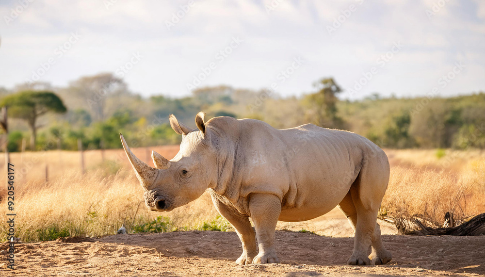 White Rhinoceros Standing in a Sunny and Copy Space White Rhinoceros Standing in a Sunny and Copy Space