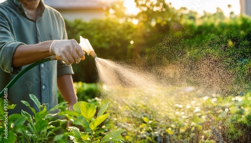 Handheld Sprayer Watering Vibrant Green Plants in Garden During Bright Day