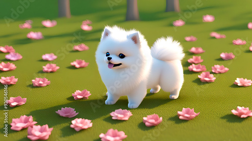 white pomeranian puppy and the flower