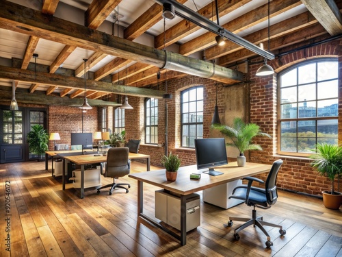 Exquisite modern office interior in converted loft boasts rustic exposed brick, sleek wooden beams, and industrial chic finishes amidst urban sophistication. photo