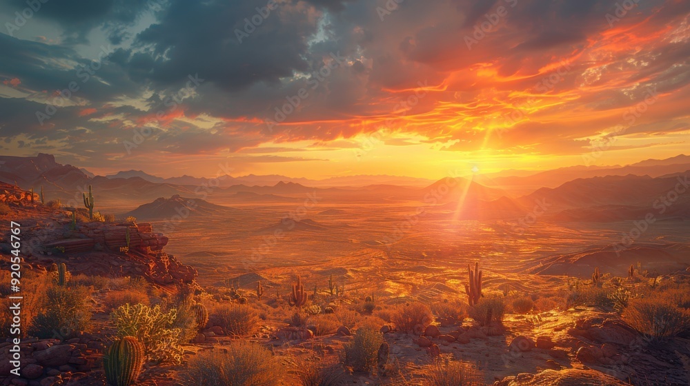 A serene Old West landscape at sunset, featuring a wide, open desert with scattered cacti and distant mesas. The sun is low on the horizon, painting the sky with rich hues of gold and red, while the A serene Old West landscape at sunset, featuring a wide, open desert with scattered cacti and distant mesas. The sun is low on the horizon, painting the sky with rich hues of gold and red, while the
