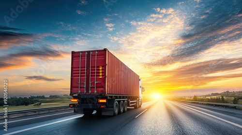 SemiTruck Carrying Shipping Container Driving on Highway at Sunset