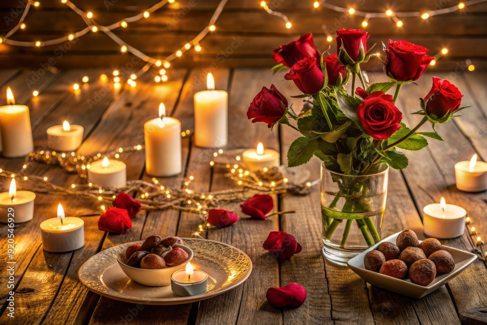 Roses, candles, and chocolates decorate a romantic wooden table setting, surrounded by soft focus fairy lights and a warm, cozy atmosphere on a sweetheart's evening. Roses, candles, and chocolates decorate a romantic wooden table setting, surrounded by soft focus fairy lights and a warm, cozy atmosphere on a sweetheart's evening.