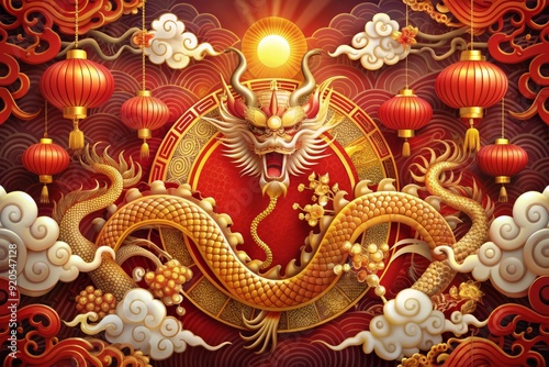 Wallpaper Mural Vibrant modern art design featuring Chinese New Year 2025 elements, majestic Dragon symbol, and auspicious red, gold, and white hues for eye-catching covers, cards, posters, and banners. Torontodigital.ca