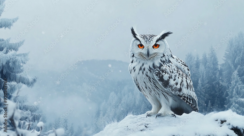 An owl with orange eyes is painted in a snowy landscape with trees and mountains in the background, and fog in the foreground An owl with orange eyes is painted in a snowy landscape with trees and mountains in the background, and fog in the foreground