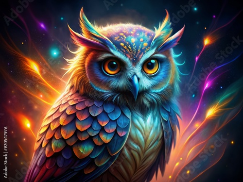Vibrant owl with bright, iridescent feathers perches on a mysterious dark background, its wise eyes shining with an otherworldly intensity in this whimsical illustration.
