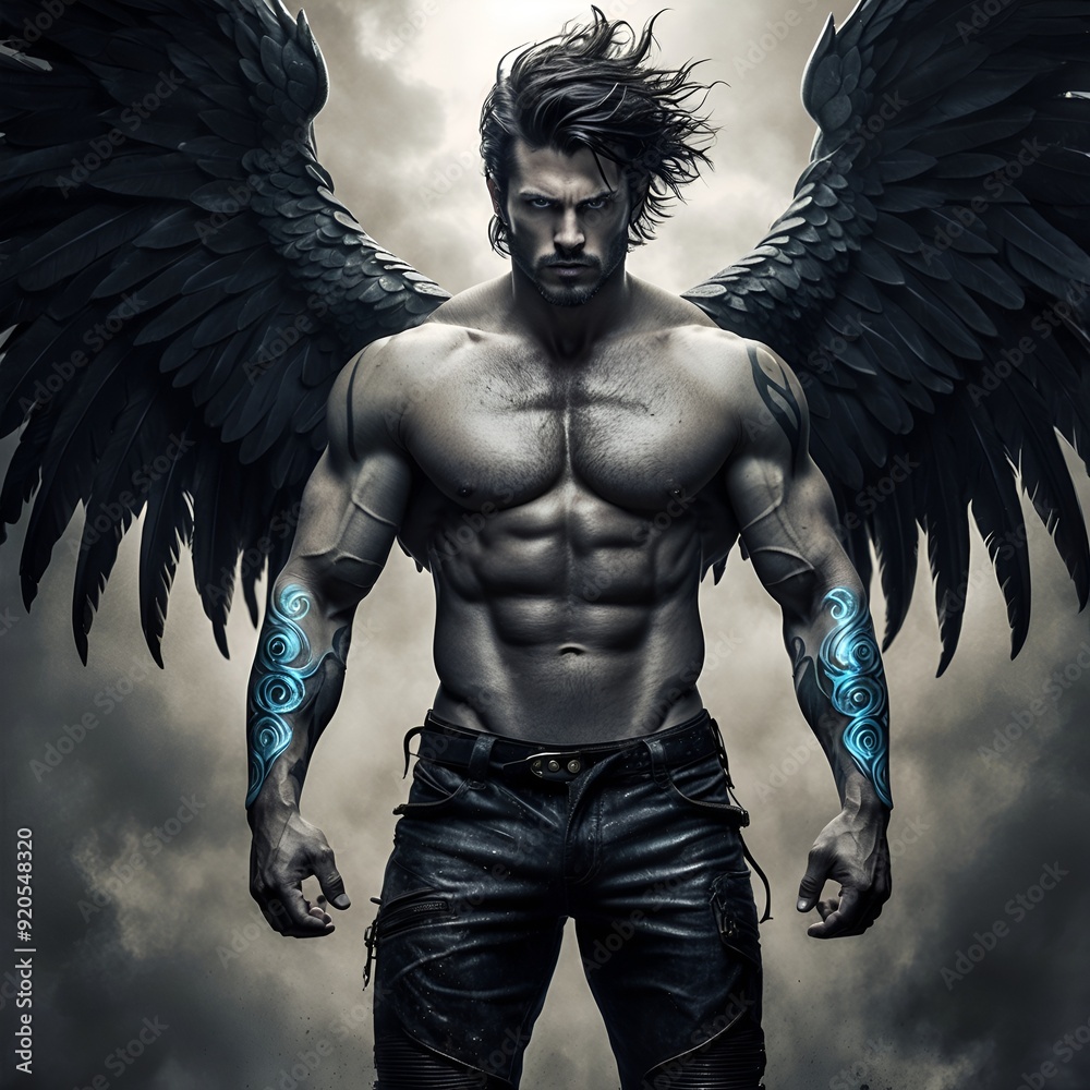 Fototapeta premium A dramatic, high-contrast photograph of a ruggedly handsome male warrior, standing majestic with imposing wings sprouting from his back, and dark, tousled hair falling across his forehead. His piercin