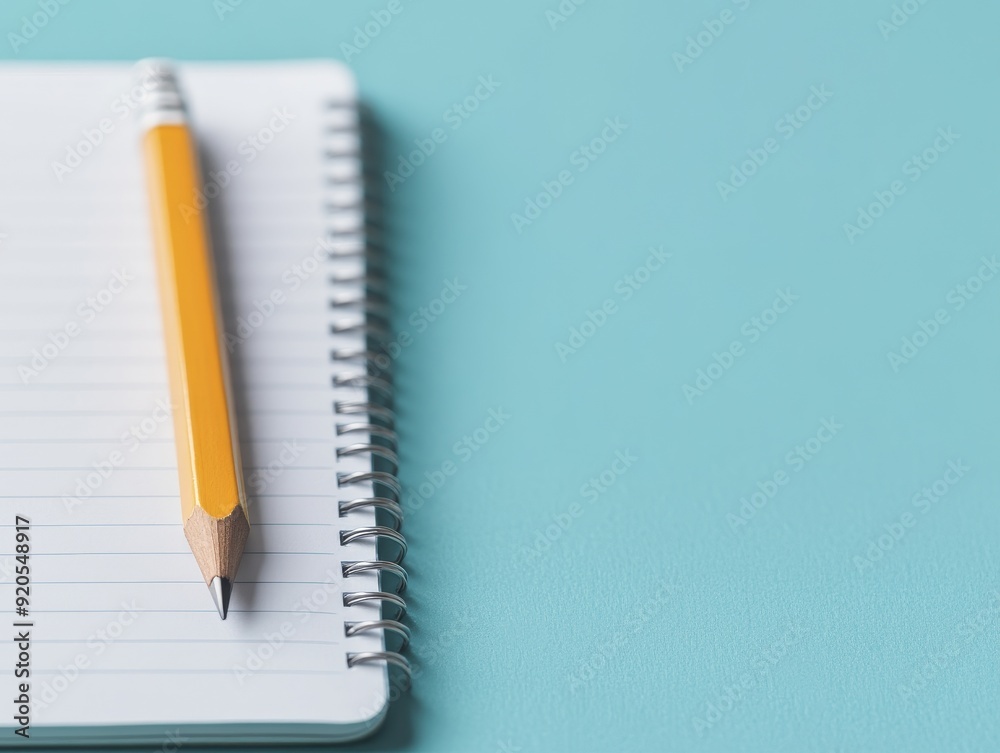 A close-up of a spiral notebook with blank pages and a yellow pencil on a vibrant blue background, perfect for creative projects. A close-up of a spiral notebook with blank pages and a yellow pencil on a vibrant blue background, perfect for creative projects.