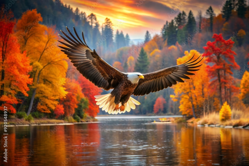 Obraz premium Majestic bald eagle spreads wings, soaring above serene river, amidst vibrant autumn hues of golden, orange, and crimson foliage lining tranquil waterway banks.