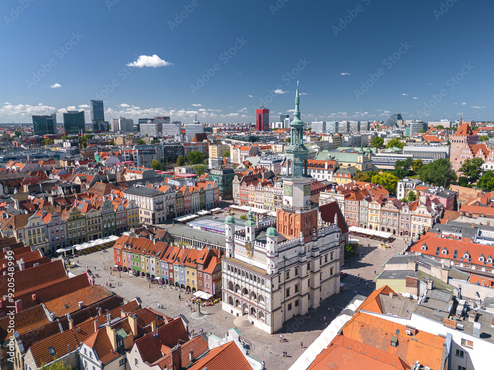 Summer skyline cityscape of Poznan (Poznań), Poland. Aerial view of Old Town market square (Rynek) and Town Hall (Ratusz)