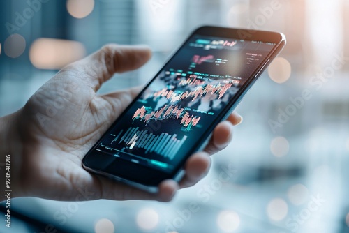 Wallpaper Mural A hand holding a smartphone displaying a fluctuating currency graph, set against a world map, illustrating the volatile nature of international investments due to currency changes, with generous copy Torontodigital.ca