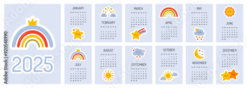 Calendar 2025 template. Monthly calendar 2025 with cute rainbows, stars, moon. 12 Month design template. Starts on Sunday. A modern calendar for kids. Children cute nursery style. Design Template.