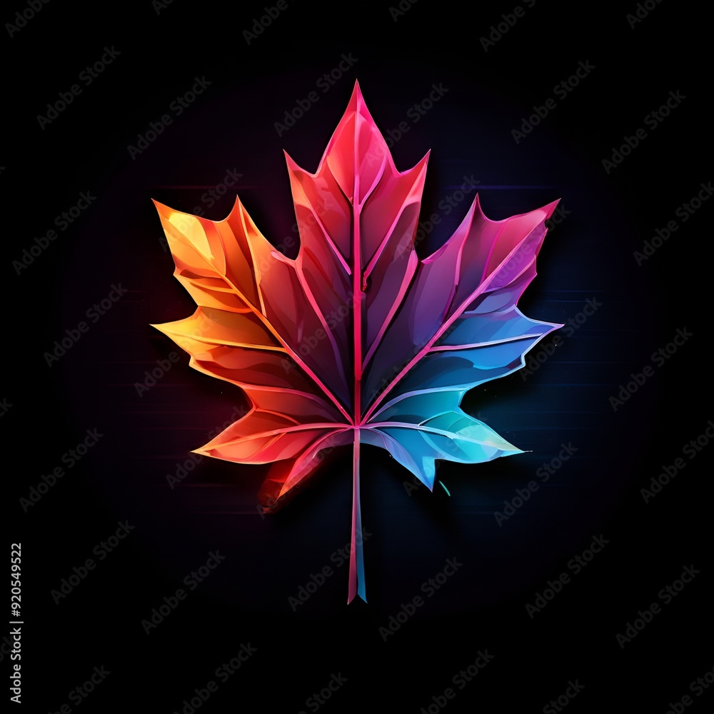 Maple leaf logo illustration with colorful RGB lights style on a black background. Maple leaf logo illustration with colorful RGB lights style on a black background.